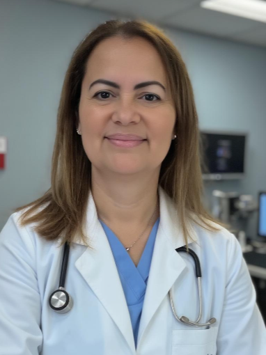 Confident female doctor in white coat with stethoscope.