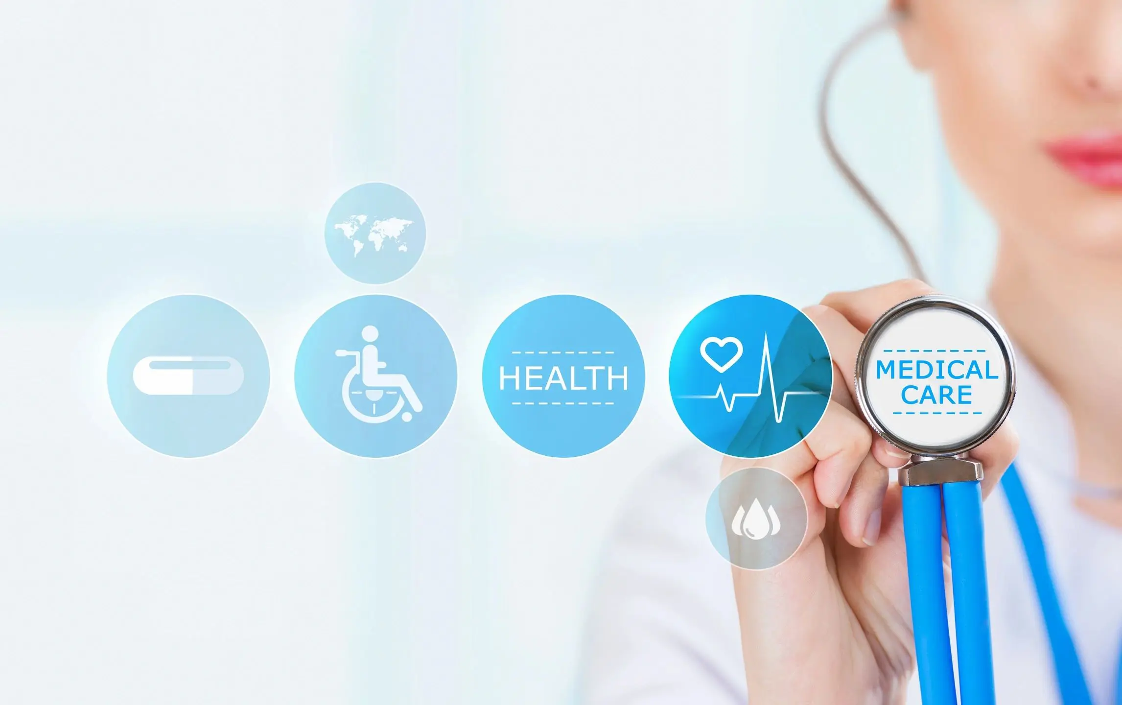 Medical professional using stethoscope with health icons overlay.