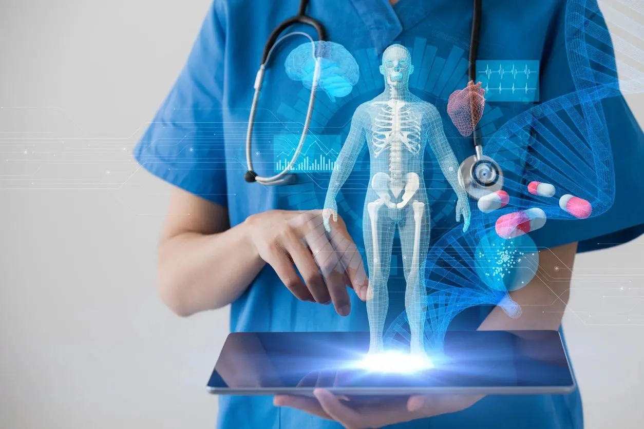 Doctor interacting with a holographic human skeleton and brain model.